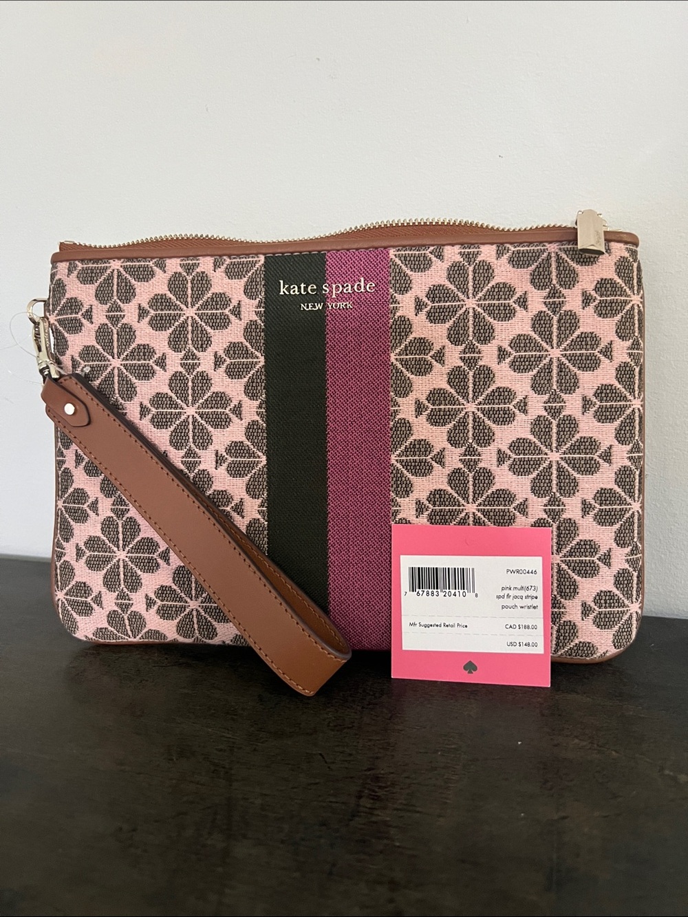 kate spade Pink Floral Jacquard Wristlet with Brown Strap